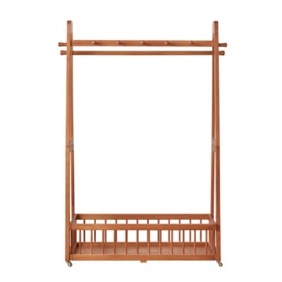 23.62" Cherry Solid Wood Freestanding Garment Rack – Rolling Clothes Hanger with Storage Basket