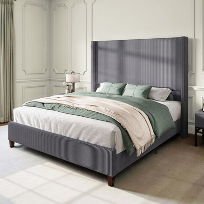 Beatrica Upholstered Wingback Queen Size Platform Bed,Gray
