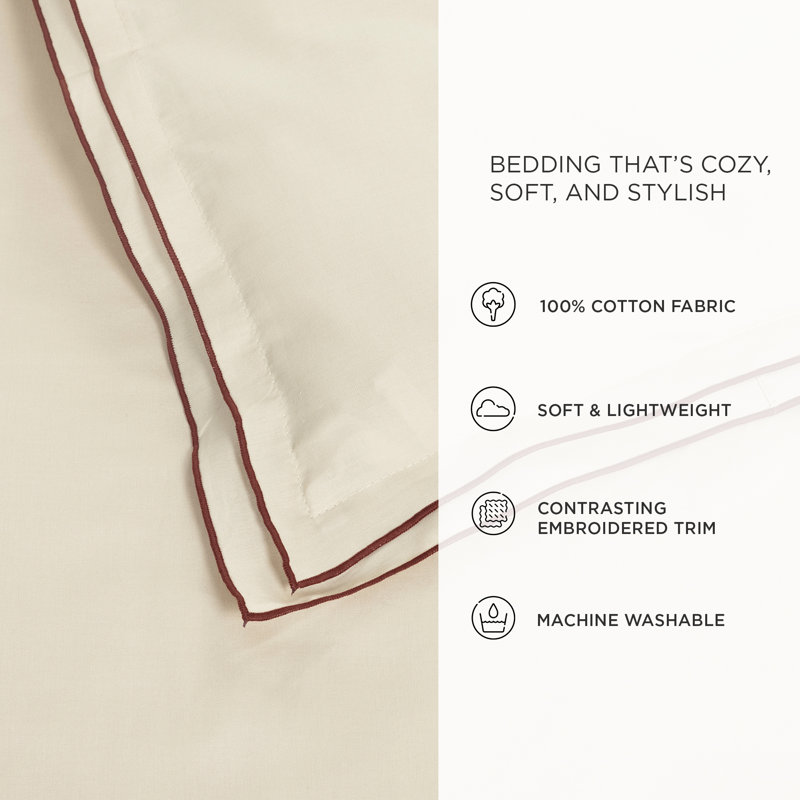 Hampton Double Flange Embroidered Contrast Edge Comforter 3 Pieces Set, Beige, King Comforter + 2 King Shams
