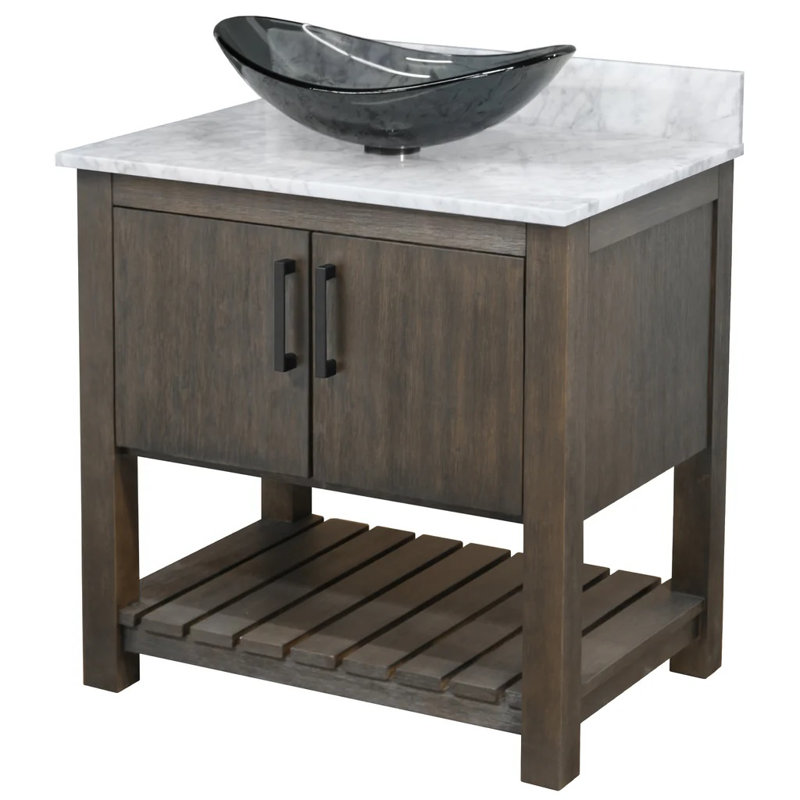 Meuble-lavabo 36 po avec comptoir en marbre de Carrare et lavabo, Noir mat