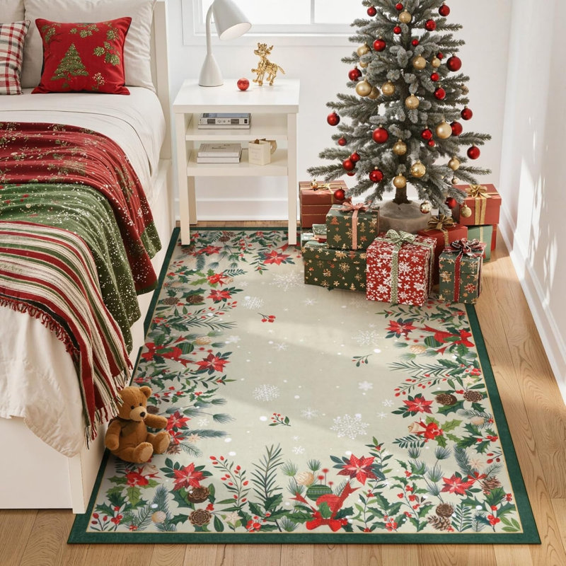Holiday Floral Border Area Rug 5' x 7' for Entryway, Red Green Beige
