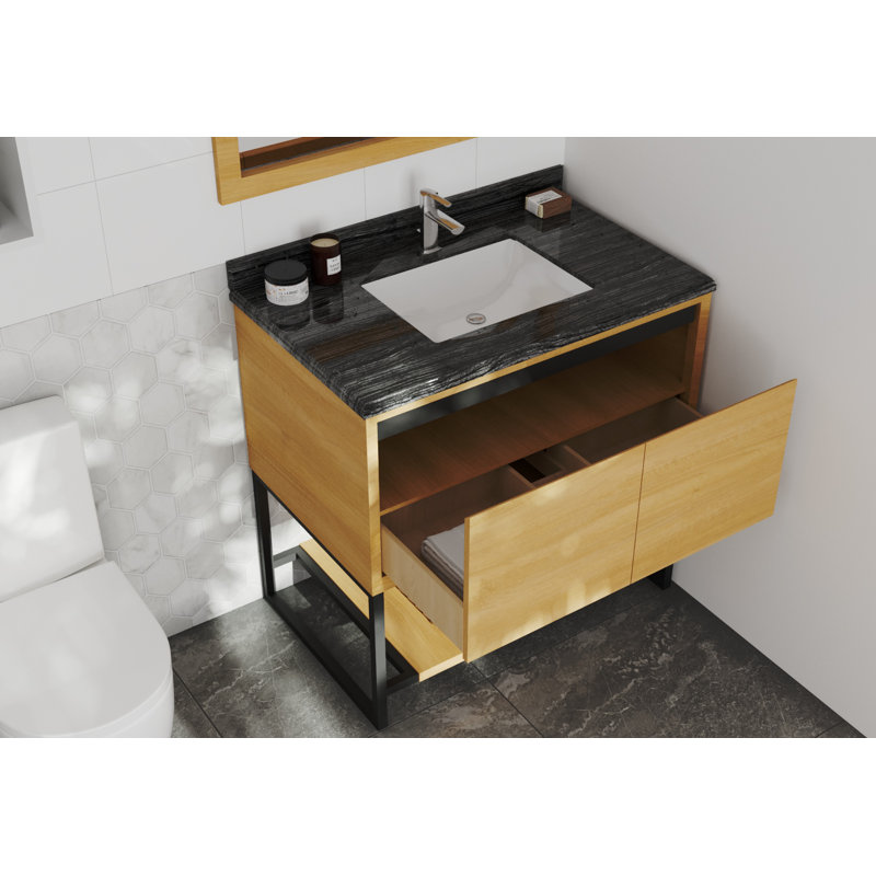 Ensemble de meuble-lavabo simple 36 po Riey, Chêne blanc californien, Marbre grain de bois noir