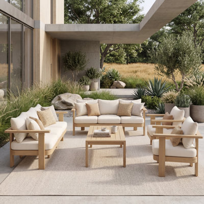Wevron Modern Coastal Outdoor 5-Piece Acacia Wood Conversation Set With Slatted Tabletop & Cushions
