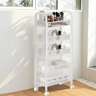 5 Tier Rolling Cart Storage Vegetable Rack, Metal Slim Storage Trolley on Wheels, Beauty Fruit Drinks Trolley with 4 Hooks, Mesh Basket Narrow Shelf U by Wrought Studio