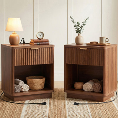 Rhythm Nightstand Set of 2, Modern Fluted Wood Bed Side Table Set of 2, Natural