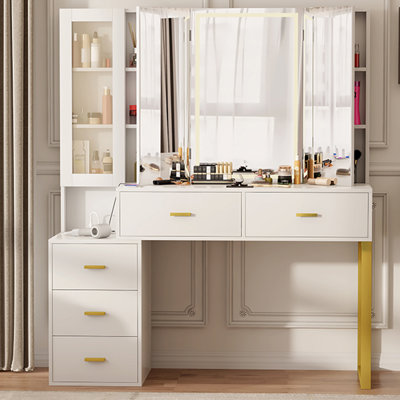 Cornelius Makeup Vanity Desk with Tir-fold Lighted Mirror by Everly Quinn