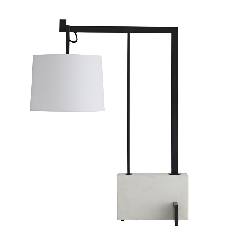 31" Aged Bronze Steel Arc Table Lamp with White Linen Shade