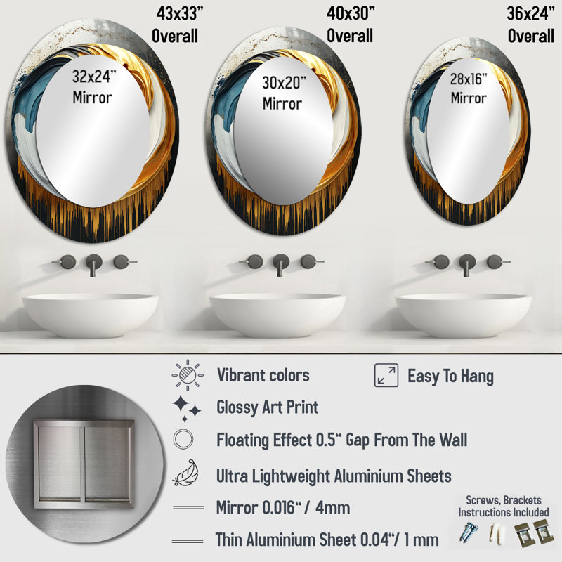 Black And Gold Moon Lines IV - Gold Oval Wall Mirror Decor, 36" x 24"