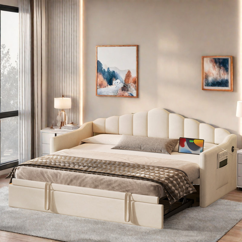 Upholstered Daybed With Pop Up Trundle, Charging Ports, 2 Side Pockets And Curved Backrest Design, Beige