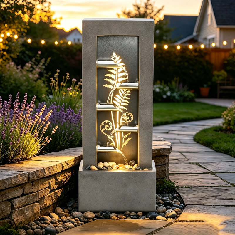 Fontaine d'extérieur à cascade de 91 cm (36 po) avec détails floraux en métal découpé et éclairage DEL intégré