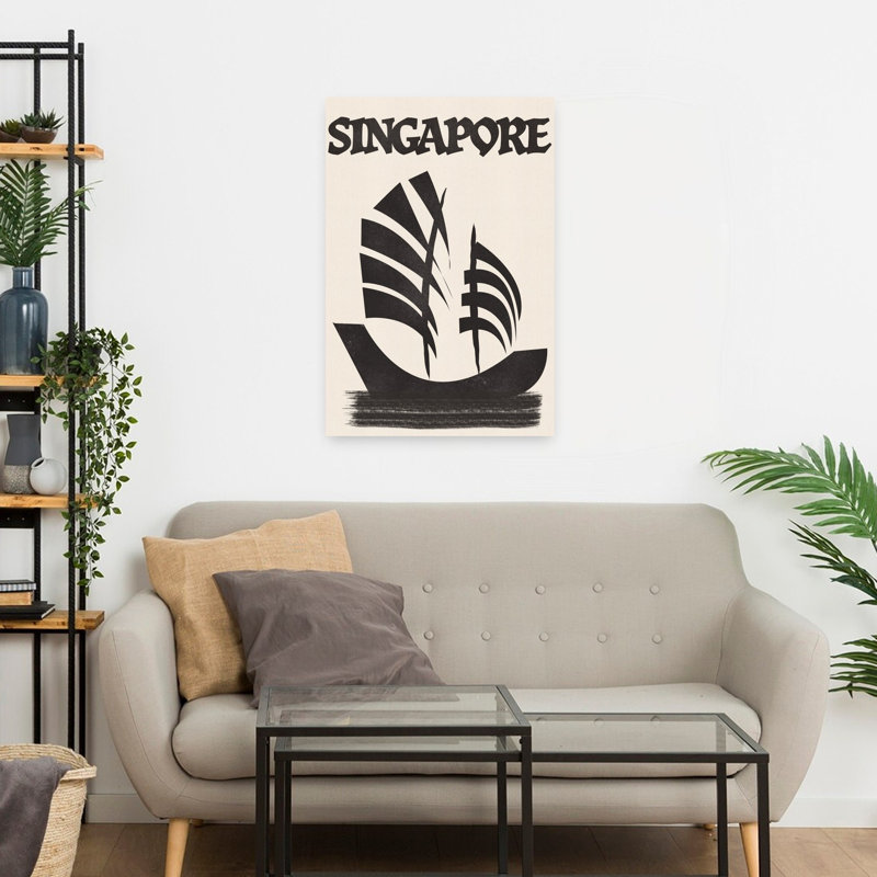Singapore Junk Sail Minimalist Retro Traditional City Ocean Wall Art Print 1 Piece Wrapped Canvas Wall Art