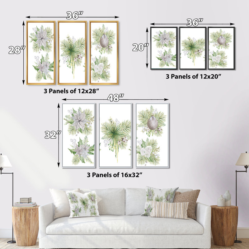 Bouquet de fleurs de Noël avec coton, branches III - reproduction de cadre flottant 3 pièces sur toile, Brun
