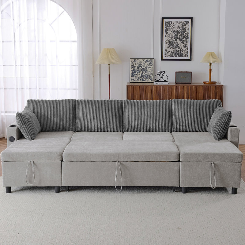 Canapé-lit modulaire 111,8 po avec canapé-lit polyvalent avec grand espace de rangement, deux ports USB et deux porte-gobelets pour le salon, gris