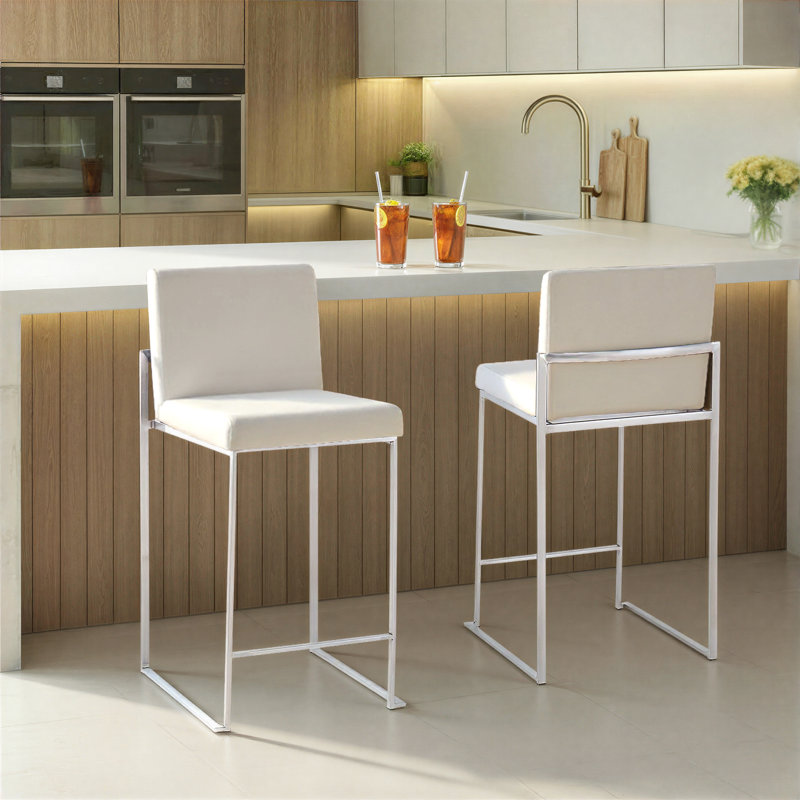 Tabouret de bar et de comptoir à dossier haut Brieon (ensemble de 2), Acier inoxydable, Velours blanc