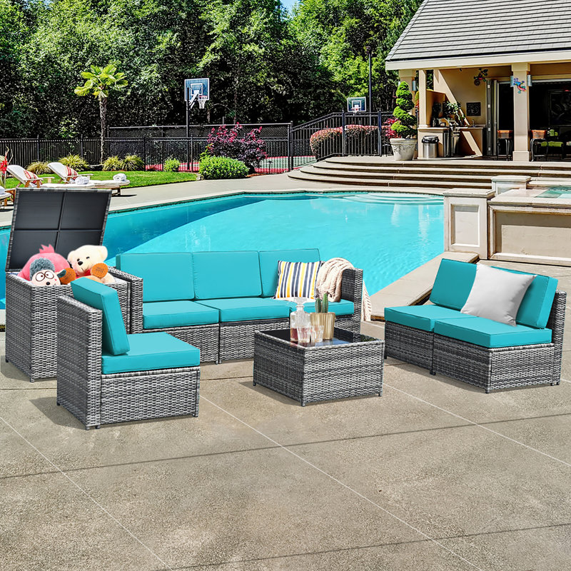 Ensemble de conversation modulaire en rotin avec coussins 8 pièces Burand, Turquoise