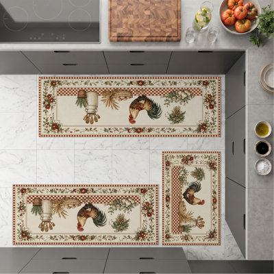 Rooster Floral Non-Slip Washable Kitchen Mats