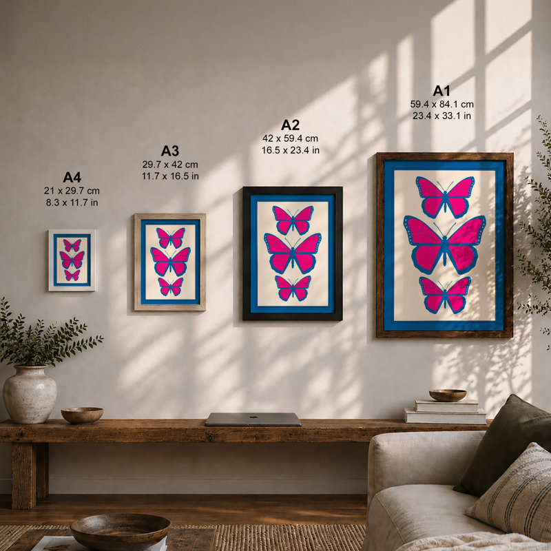 Magenta Butterflies Modern - Framed Print, A4 - 29.7 x 21.0 cm, White