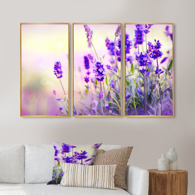 Mauve champ de lavande - ensemble d'art mural encadré floral sur toile 3 pièces