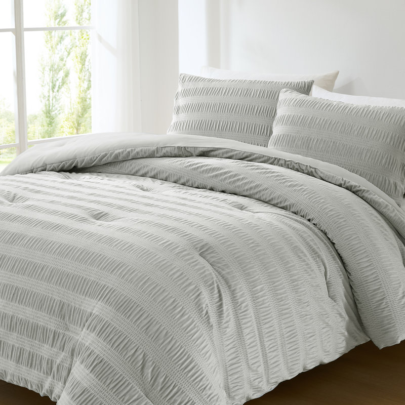 Azalea Ruched Velvet Stripe Comforter Set, Gray, 3, Queen Comforter + 2 Shams