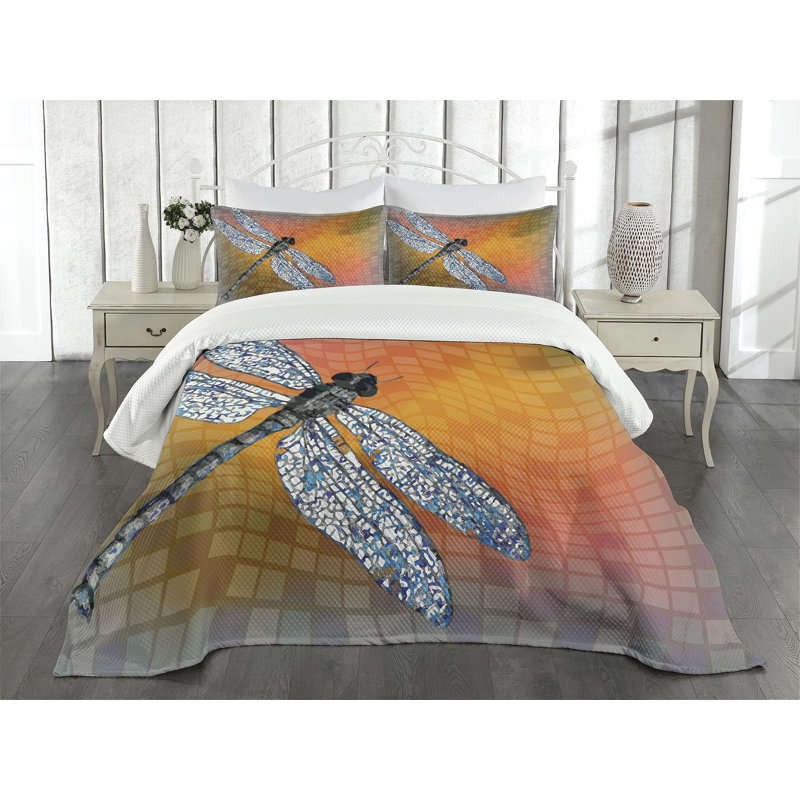 Ambesonne Orange Bedspread Set Drangonfly Digital Theme Multicolor, King Bedspread + 2 Standard Shams