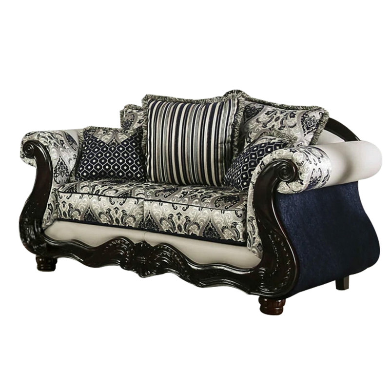 Causeuse Tey avec 5 coussins, similicuir bleu argenté, chenille, 72 pouces