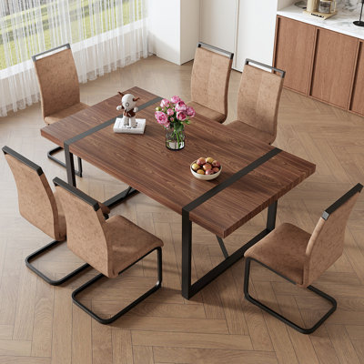 Table de salle à manger rectangulaire en noyer - 71 po x 39,3 po avec 6 chaises confortables en tissu brun