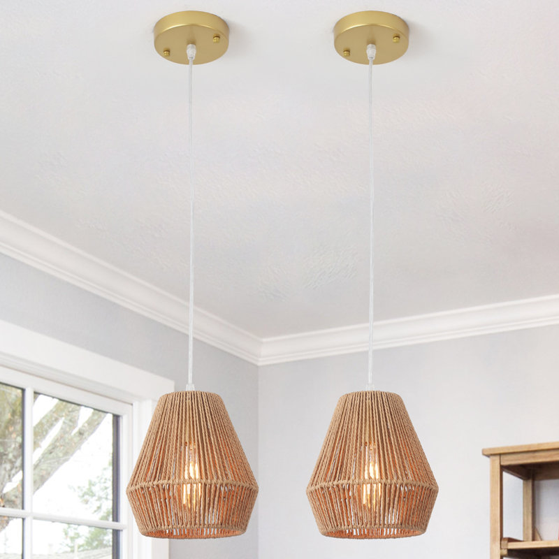 1 - Light 7.28" Classic Boho Hand-woven Rattan Single Pendant for Coastal Hallway Entryway kitchen Island(Set Of 2)