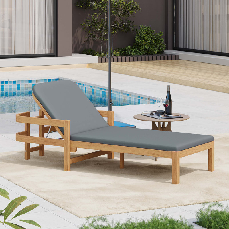 Outdoor Acacia Wood Chaise Lounge With Weather-Resistant Polyester Cushion, Adjustable