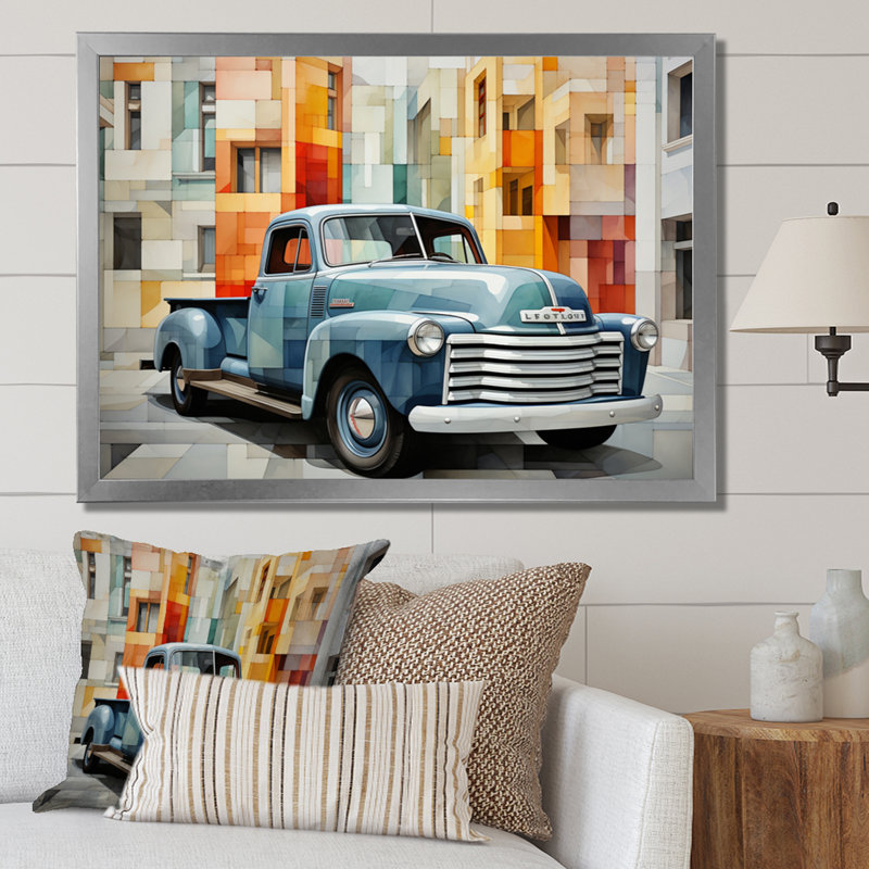 Pickup Truck Geometric Abstraction II - Transportation Wall Art Prints, Cadre simple argenté, H 24 po x l 32 po x P 1 po