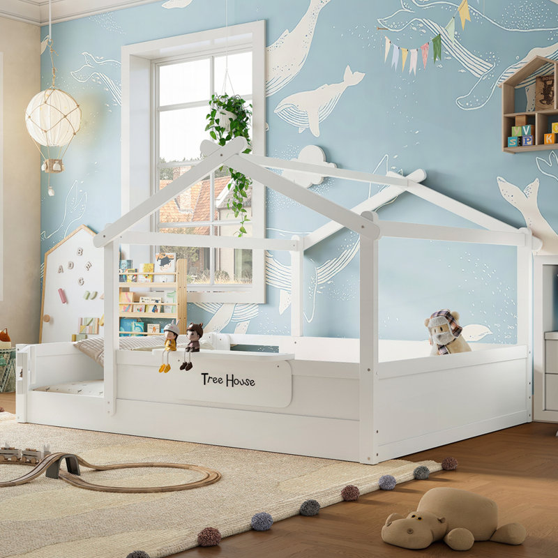 Floor Bed With Guardrails And Roof, White, Queen