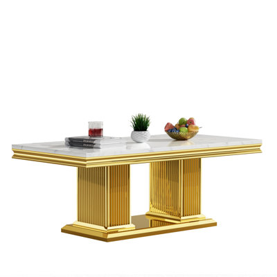 46.85" Faux Marble Coffee Table, Modern White Faux Marble Center Table with Mirrored Stainless Steel Base, Luxury Rectangular Accent Sofa Table Cocktail Tables for Living Room Apartment
