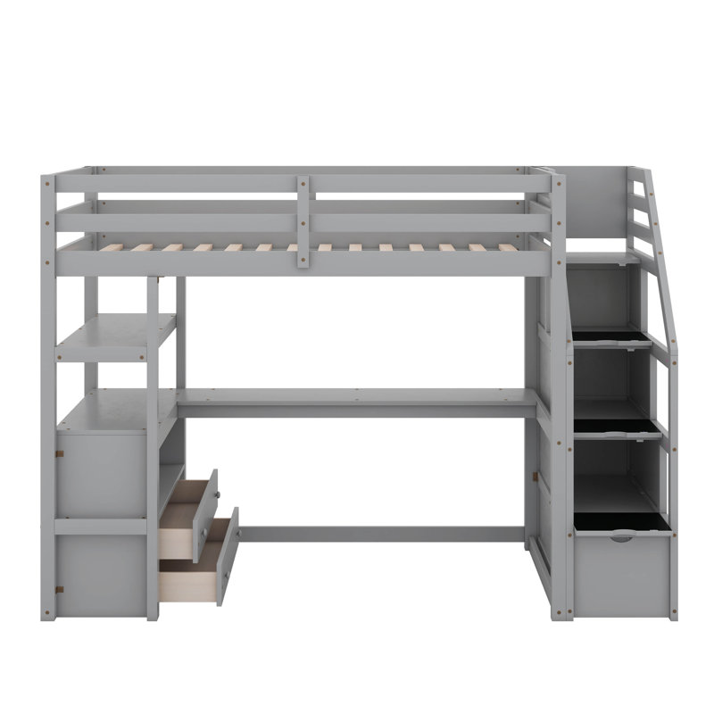Lit mezzanine avec bureau et tablettes, deux tiroirs intégrés, escalier de rangement, Lit simple, Gris