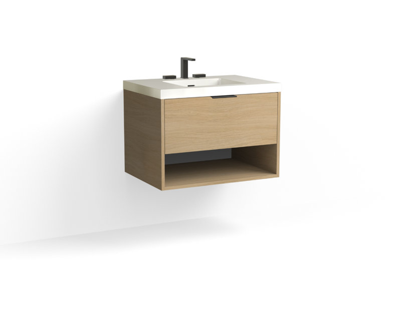 Modo 30" W Wall Mounted Single Bathroom Vanity, Glossy White/8" Widespread, Biondo, Polished Nickel