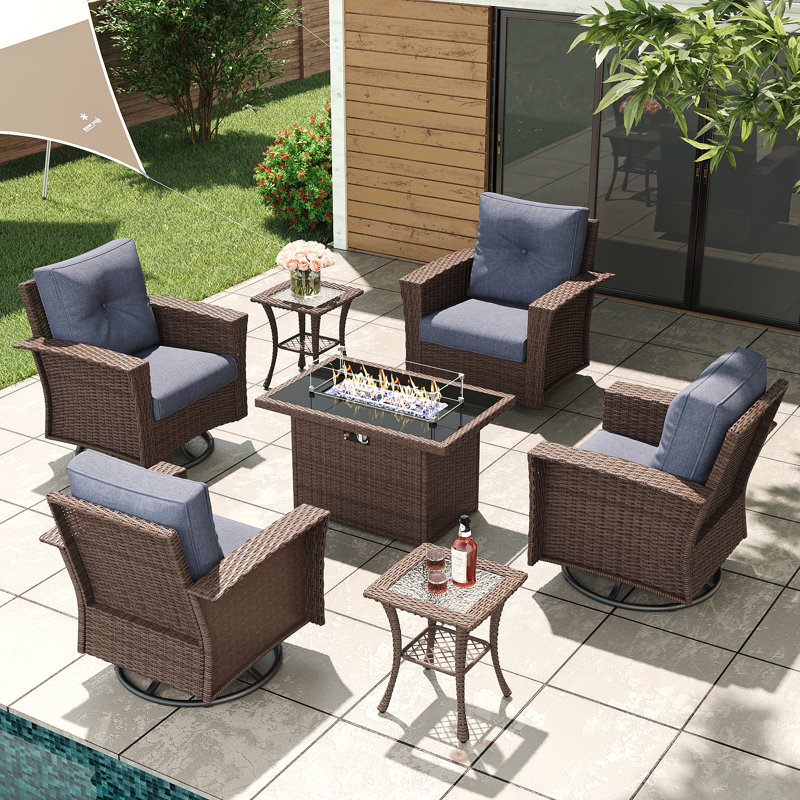 Lark Manor™ 7 Piece Wicker Patio Furniture Set with Fire Pit Table, Classis Outdoor Conversation 360 Degree Swivel Chairs Set with Coffee Table