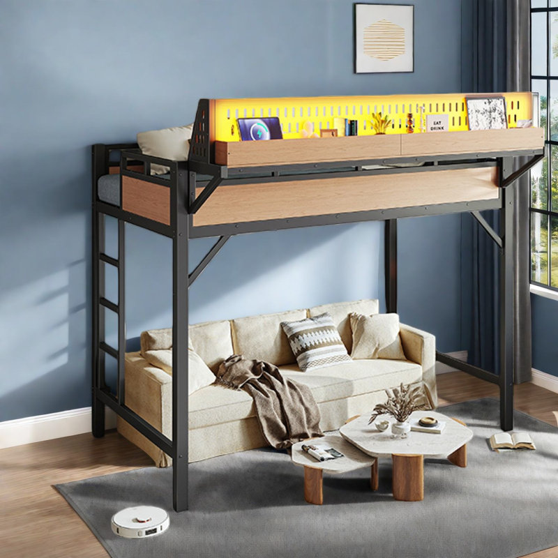 Structure de lit simple de taille mezzanine avec tablettes de rangement et panneau perforé, lit mezzanine en métal avec ports USB et lumières DEL, sécuritaire et robuste, naturel