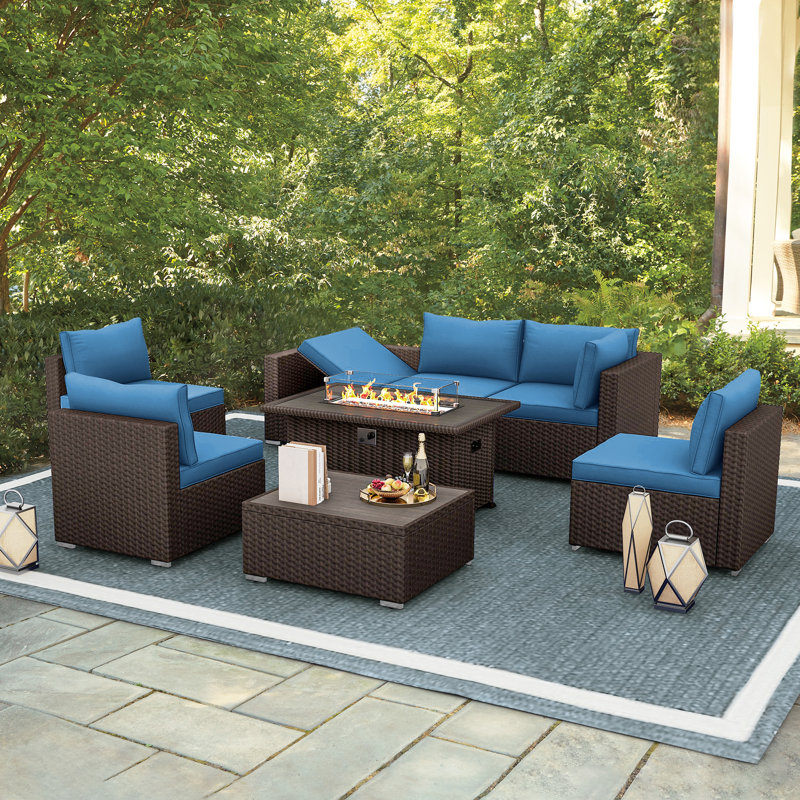 Ensemble de conversation d'extérieur pour 6 personnes avec coussins Claresa, Bleu
