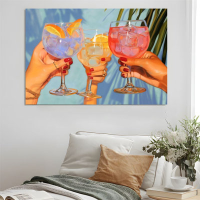 2D Flat, 1Pc Framed Canvas Wall Art, Summer Cocktail, Tropical Style, Impressionist Painting Style Art Print Canvas Poster Painting Room Wall Decor, I