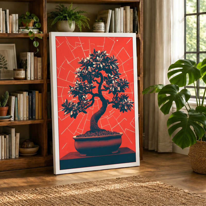 Bonsai in Red Light Japandi 1 Piece Wrapped Canvas Wall Art, 30x20 - 76.2 x 50.8 cm, Terracotta Border