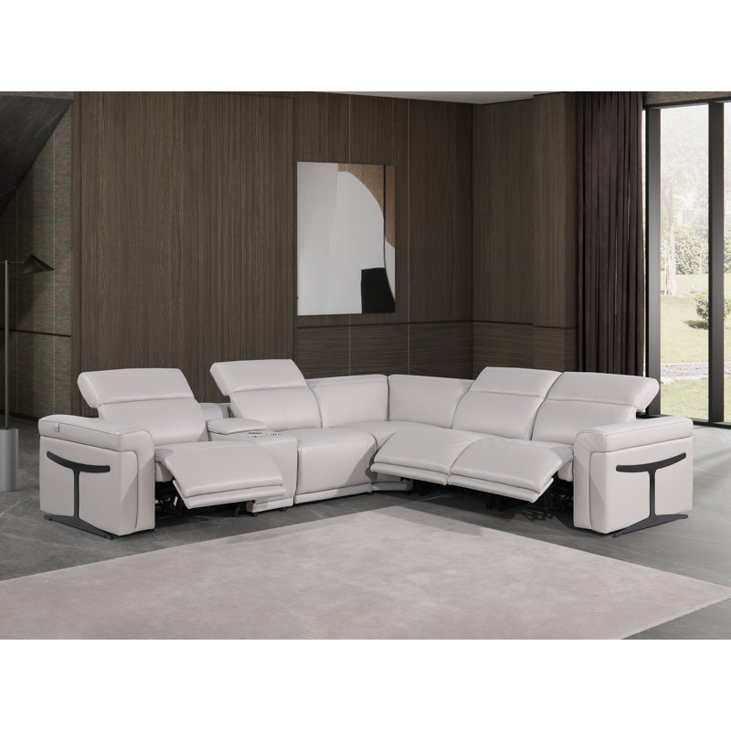 Suhur 6 - Piece Top Grain Italian Leather Power Reclining Sectional, Light Gray Genuine Leather