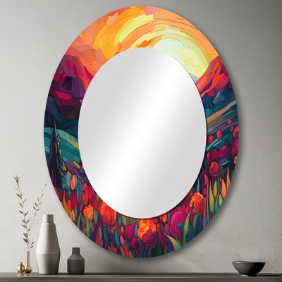 Vibrant coucher de soleil brillant sur les montagnes I - miroir mural ovale traditionnel