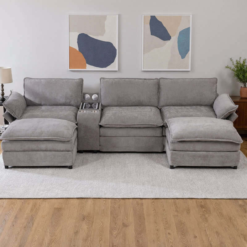 Canapé modulaire en U modulaire avec haut-parleurs Bluetooth et recharge sans fil, canapé en tissu de chenille 5 places avec console de rangement, 2 repose-pieds mobiles, accoudoirs réglables