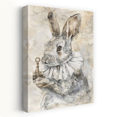 Curious Rabbit Holding Key Elegant Vintage Whimsical Rabbit Forest Wall Art Print 1 Piece Wrapped Canvas Wall Art