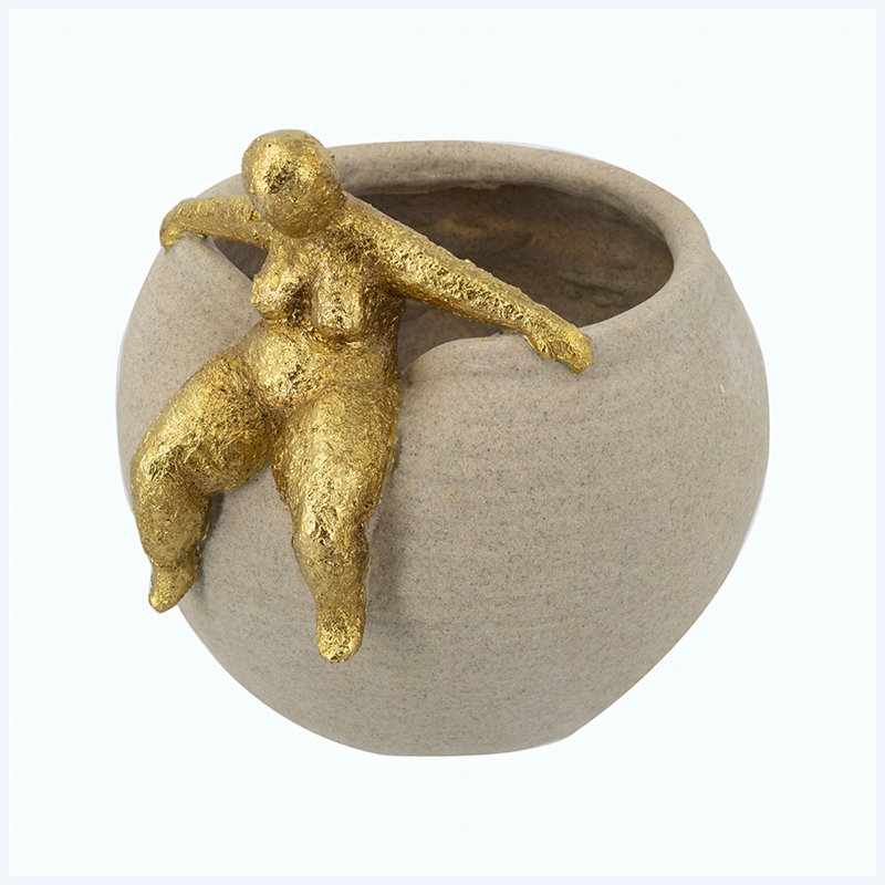 Pot à fleurs rond 9,3 po x 8,8 po x 8,8 po avec figurine abstraite dorée