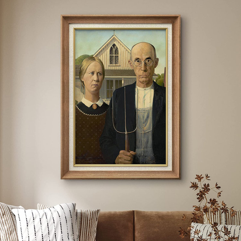 «American Gothic» par Grant Wood - peinture sur toile encadrée, Naturel