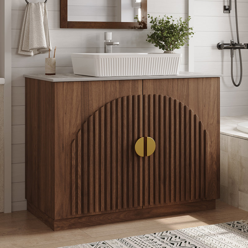 Meuble-lavabo simple 36 po avec comptoir en pierre et lavabo, Gris, Brun