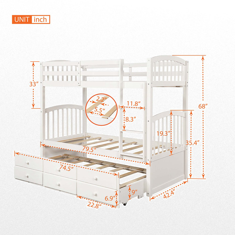 Feola Kids Twin Over Twin Bunk Bed with Trundle with Drawers, White