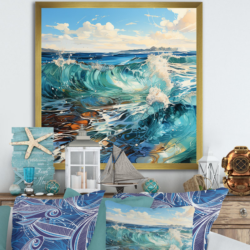 «Ocean Charm», art liquide vif III, Cadre doré simple, H 16 po x l 16 po x P 1 po
