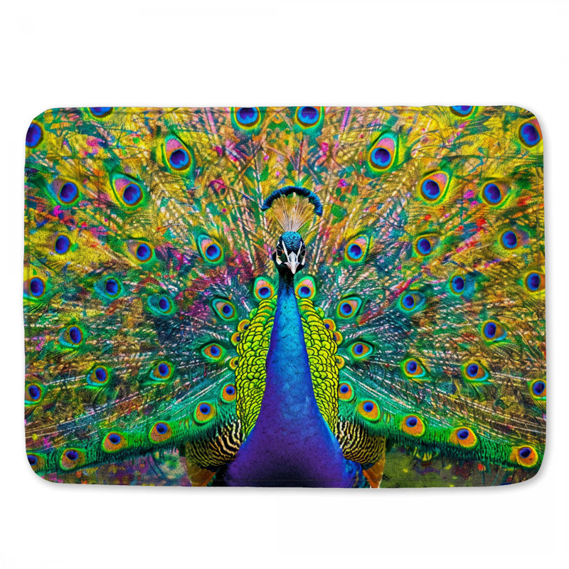 Vibrant Peacock Feathers Bath Mat, 34in W x 21in L