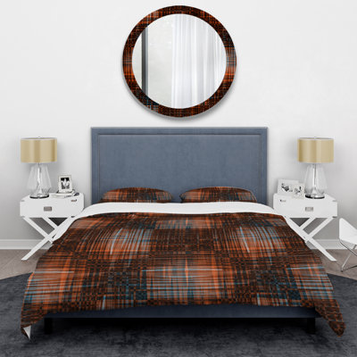 Ensemble de housse de couette à rayures grunge brun et bleu - Microfibre polyester