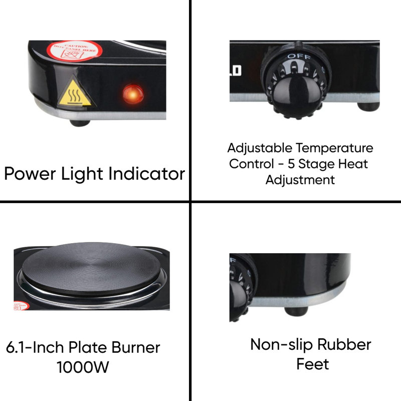 Emerald Compact & Portable, 1000W Electric Single Burner 6.1" Coil Less Plate Stovetop - Black, Black
